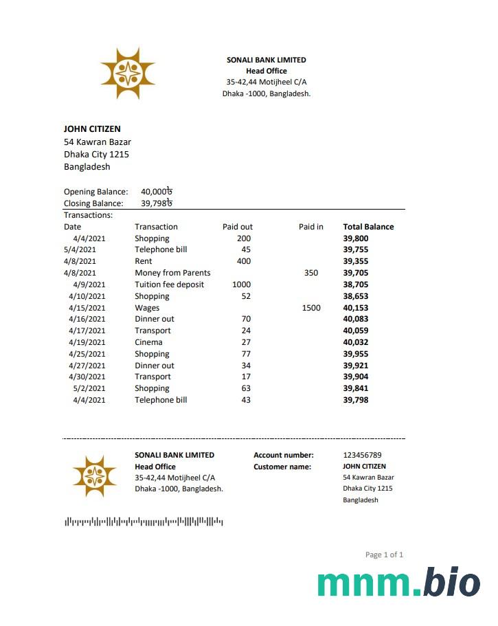 Bangladesz Sonali szablon wyciągu bankowego w programie Word i PDF